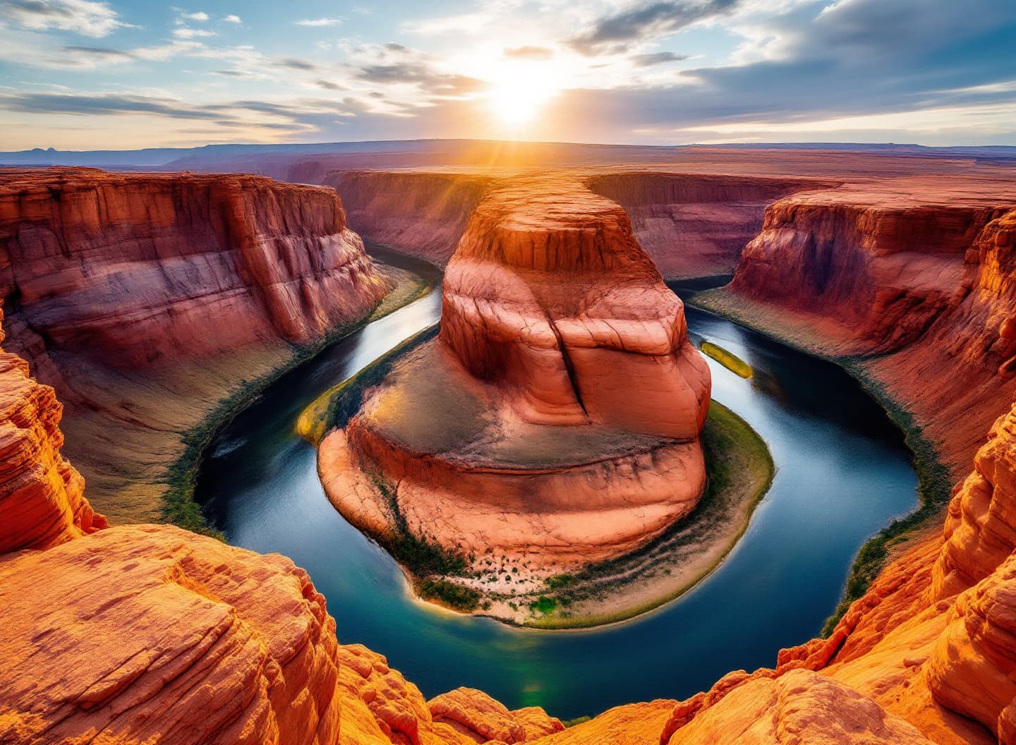 A river winding through a red rock canyon at golden hour